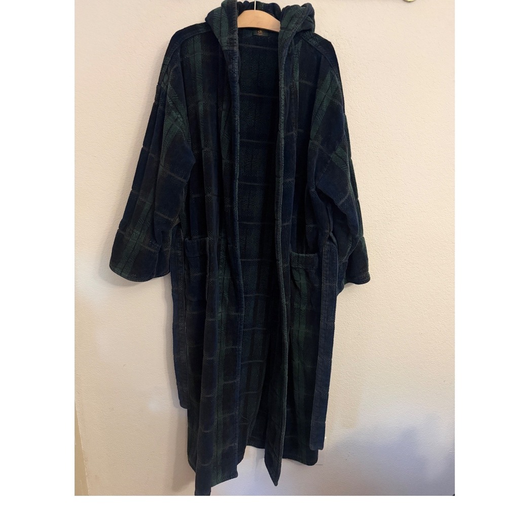Club Room Mens Plaid Hooded Bath Robe Navy Green Terry Cloth 100% Cotton OS
